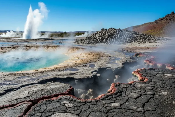 Source chaude et geysers dans un paysage volcanique islandais