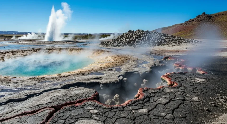 Source chaude et geysers dans un paysage volcanique islandais