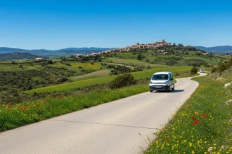 Van blanc sur route sinueuse avec vue sur collines
