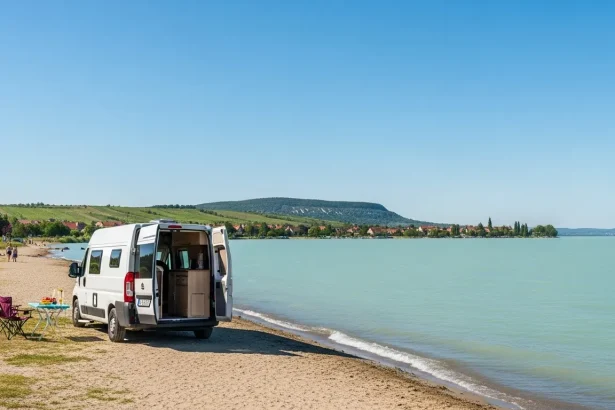 Van blanc stationné sur la rive du lac Balaton