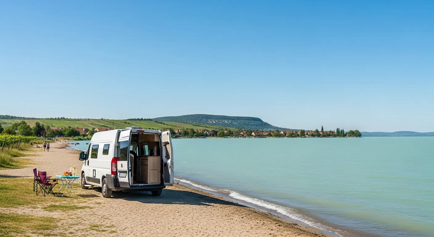 Van blanc stationné sur la rive du lac Balaton