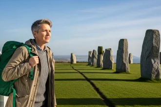 Homme devant menhirs avec van blanc en prairie