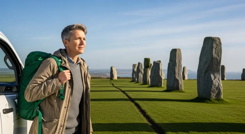 Homme devant menhirs avec van blanc en prairie