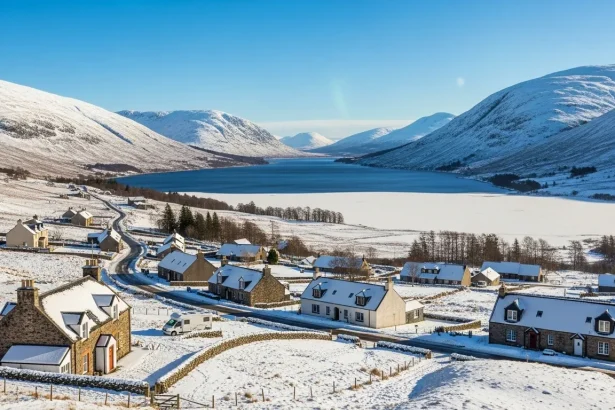 Village écossais enneigé avec cottages et loch gelé