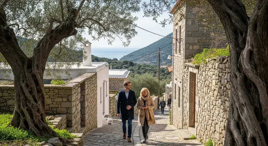 Village grec avec couloir montagneux vers la mer turquoise