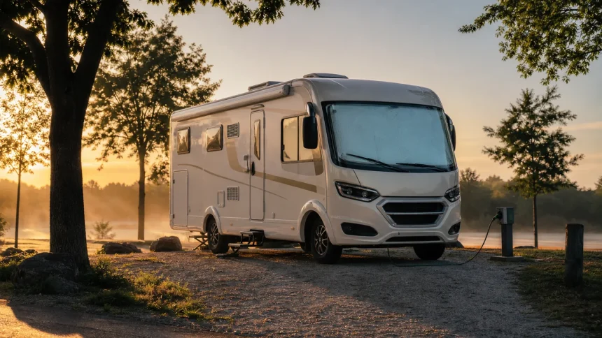 Camping-car branché sur une borne électrique dans une aire calme au lever du jour