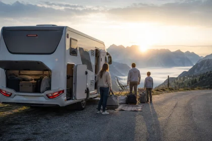 Camping-car familial au lever du soleil en montagne