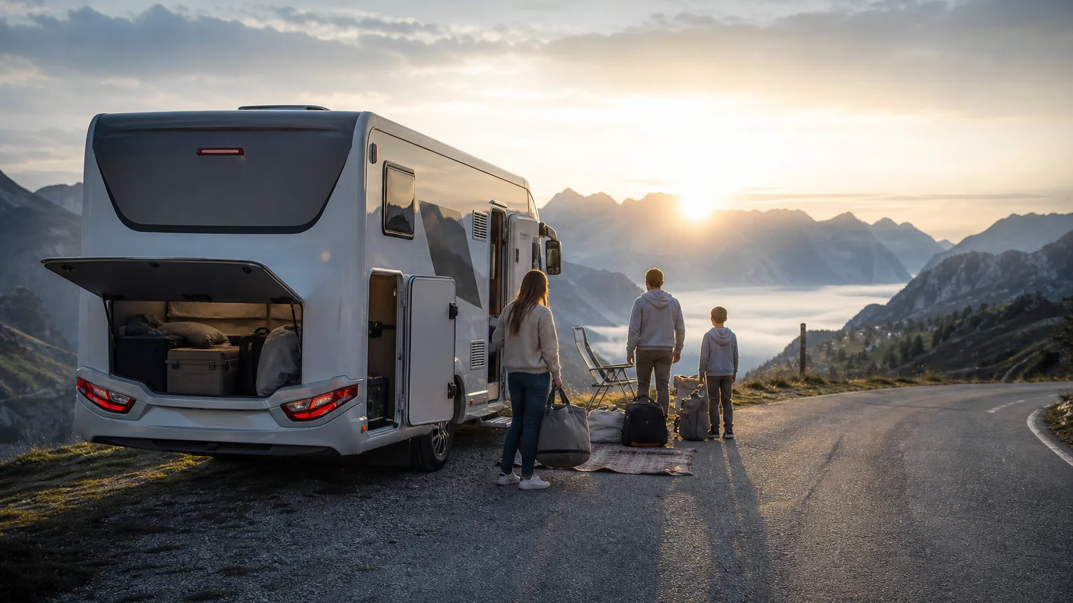 Camping-car familial au lever du soleil en montagne
